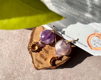 Glossy Mushroom Amethyst Sun + Moon Dangle Drop 18k Gold Earrings | Cottagecore Forest Princess Earrings | Precious Gemstone| Sensitive Ears