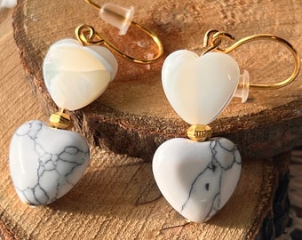 Double Heart of Love Howlite Dangle Drop Earrings. Genuine 18K Gold Platted Jewelry. Mother of Pearl Heart Shaped Stone.