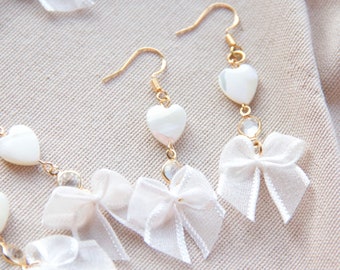 White Sheer Satin Bow Tie Pearlescent Shell Heart Princess Earrings |  Genuine Natural White Oyster Shell hearts | 14k gold plated Fishhook