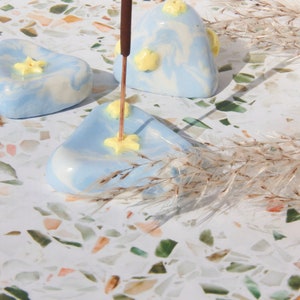 Moon & Stars Cloudy Sky Incense Holder | Censer | Incense Burner Handmade Clay Blue Heavenly Sky Light