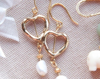 Heart of Gold princess peach earrings| Feshwater pearls, Soft sheer satin bows, 18k Gold Metal & fishhook earrings for sensitive ears