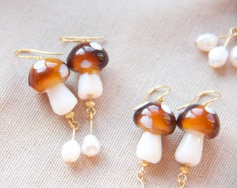 Large Amber Glass White Spotted Jumbo Mushroom Kingdom Princess Peach cottage core Earrings, Natural Freshwater raw oyster pearls precious