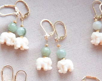 Japanese Genuine Jade African Elephants Earrings | Natural Stone 14k gold plated Lever back Earrings for Sensitive Ears Safari Jungle style