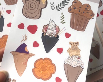 Cottage Core Bakery Sticker Sheet | Kawaii Sweet Cake | Strawberry Ice Cream| snacky stickers| Japanese Desserts