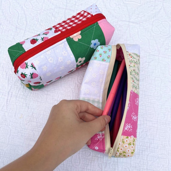 Quilted Pencil Case / Quilted Floral Strawberry Pouch / White, Green and  Pink Pencil Pouch With Zipper 