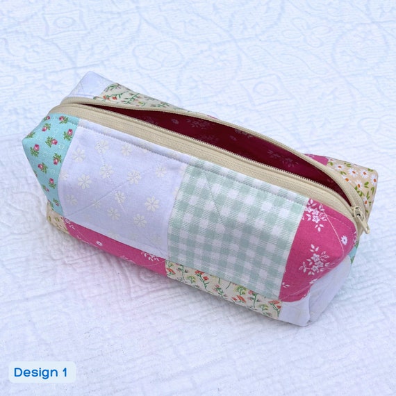 Quilted Pencil Case / Quilted Floral Strawberry Pouch / White, Green and  Pink Pencil Pouch With Zipper 