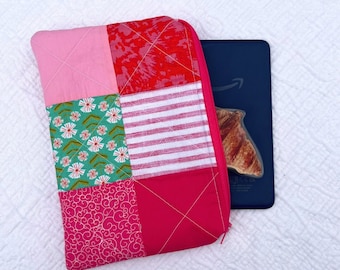 Quilted Pink and Green Kindle Case With Zipper / Quilted Floral Small Pouch / Fully Lined Colorful Kindle Paperwhite, Oasis Sleeve / Nook