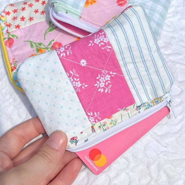 Quilted Coin Purse, AirPods Pouch, Card Holder With Zipper / Assorted Patchwork Small Pouch/ Floral White, Pink, Blue, Green, Yellow