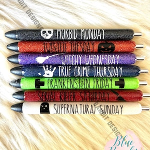 Spooky Halloween Glitter Pens, True Crime Pens, Set or Individual Pen, Glitter Pens, Halloween Pens, InkJoy Medium Point Gel pen, Refillable