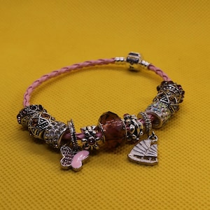 Barbie Inspired Pandora Style Bracelet | Pink Cord & Sparkling Charms