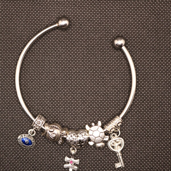 Charming PANDORA Style Silver Open Bangle | 5 Delightful Charms Collection| With The Evil Eye Of Protection