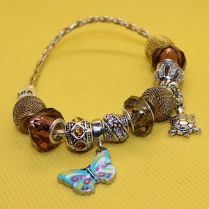 Golden Cord Pandora Style Bracelet | Sparkling Faceted Beads, Charms Included