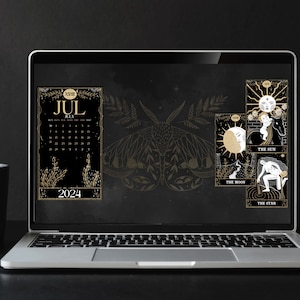 Tarot Dark Mode Desktop Wallpaper Organizer: 2024-2025 Calendar, Folder Icons (Digital Download)