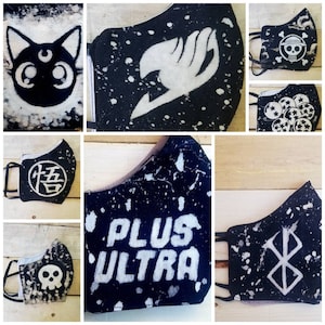 May include: A set of 10 black and white face masks with different anime and manga designs. The designs include a skull, a demon slayer symbol, a dragon ball symbol, a fairy tail symbol, a plus ultra symbol, and a Japanese character.