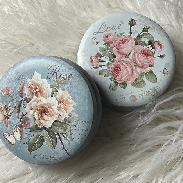 Round Floral Tin Box - Tin Can - Mint Canister - Tea Tin - Sewing Notions - Candle Tin