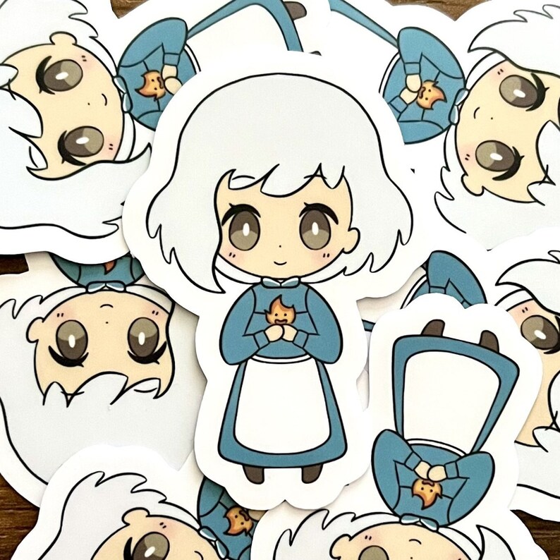 May include: A collection of stickers featuring a cartoon character with white hair, wearing a blue dress and white apron. The character is holding a small orange flame. The stickers are white with a glossy finish.