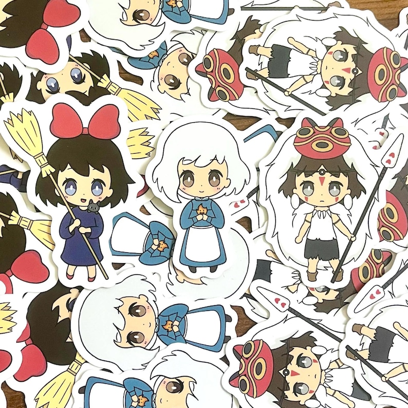 May include: A collection of anime-style stickers featuring various characters. The stickers showcase characters with large eyes, in outfits, and holding objects like brooms and spears. The color palette includes shades of blue, red, and brown.