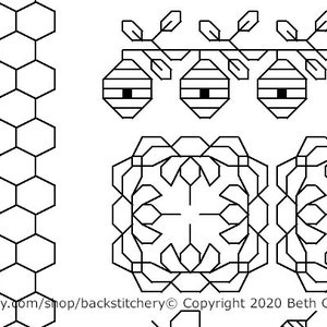 May include: Black and white line art with geometric patterns. The image shows a honeycomb design, stylized beehives suspended from a branch, and a repeating floral motif. The Etsy shop URL and copyright details are at the bottom of the image.