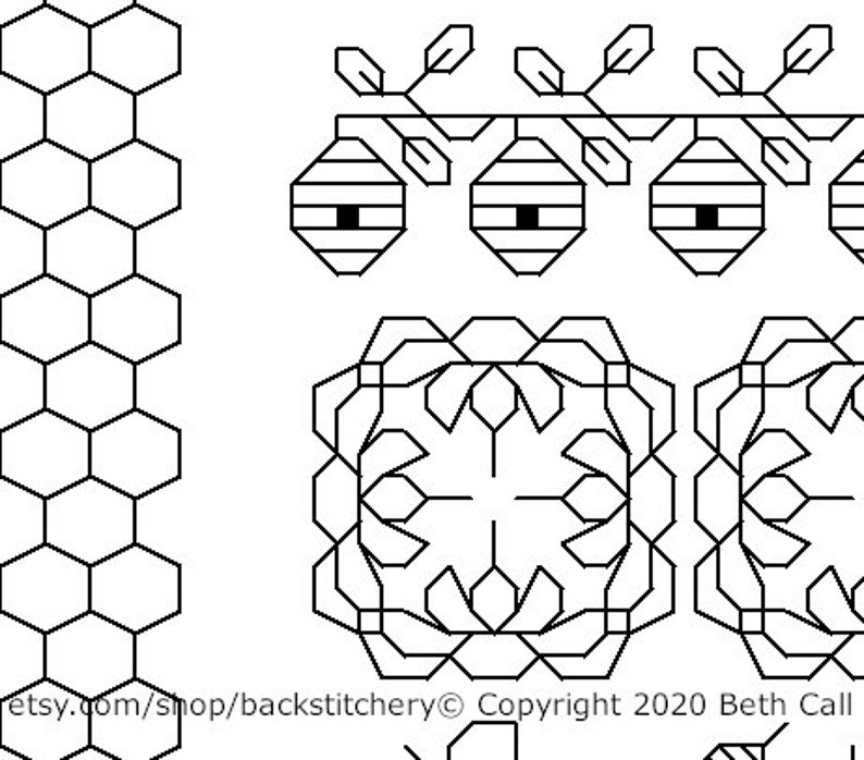 May include: Black and white line art with geometric patterns. The image shows a honeycomb design, stylized beehives suspended from a branch, and a repeating floral motif. The Etsy shop URL and copyright details are at the bottom of the image.