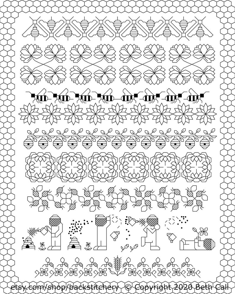 May include: A black and white cross-stitch pattern with bee, flower, and honeycomb motifs. The image includes various border patterns and illustrations of beekeepers. The text "etsy.com/shop/backstitchery" and copyright information are visible.