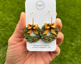 Christmas Holiday Wreath Earrings, Christmas Party Earrings, Holiday Earrings,Novelty Earrings,One of a Kind Earrings,Christmas Wreath