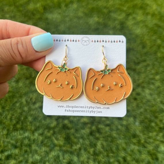 Pumpkin Cat Earrings: Gold Trim Jack O' Lantern Halloween Jewelry