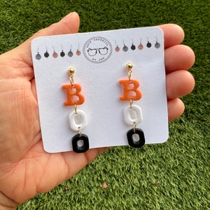 BOO Halloween Dangle Earrings: Glow in the Dark Polymer Clay