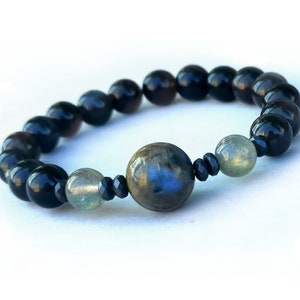 Empath bracelet, Labradorite blue flash healing crystal bracelet, Grounding bracelet, Empath protection bracelet, obsidian stone bracelet,