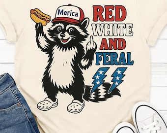Red White and Feral PNG – Funny Patriotic Raccoon Digital File – 4th of July Shirt Design – ‘Merica Middle Finger Hot Dog Clipart