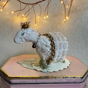 Cotton Spun Sheep Ornament / Vintage Inspired Handmade Figurine / Easter Sheep with Gold Crown Glitter Whimsical Decor