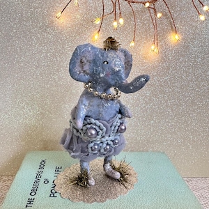 Vintage Inspired Cotton Spun Elephant Ornament / Glitter Handmade Figurine / Gold Crown Whimsical Nursery Decor