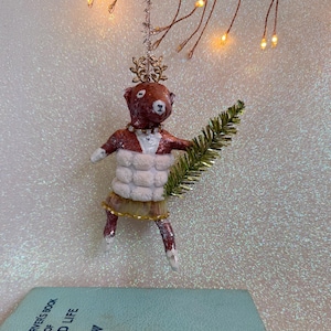 Vintage Inspired Cotton Spun Cat Ornament / Glitter Handmade Figurine / Gold Crown Whimsical Nursery Decor