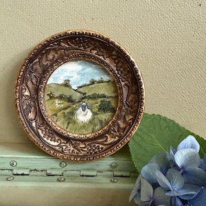 Art Original Oil landscape Sheep small FRAMED wall art painting / signed round artwork / framed oil wall artwork / original decor painting