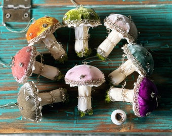 Silk Velvet Mushroom / Fairy Glitter Mushroom Ornament / Spun Cotton Toadstool Mushroom Czech Republic / Whimsical Woodland Decor