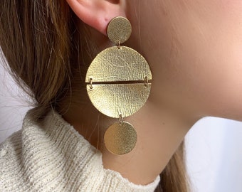 Gold XL Statement Leather Geometric Dangle Earrings / Modern Shape Earrings / Oversized Gold Leather Minimalist Design