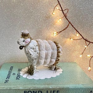 Cotton Spun Sheep Ornament / Vintage Inspired Handmade Figurine / Sheep with Gold Crown Glitter Whimsical Decor