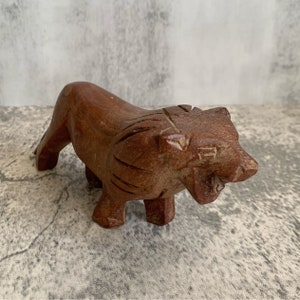 Vintage wooden lion figurine object / hand carved wooden statue / midcentury modern object / ironwood lion