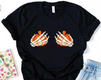 Pumpkin Boobies Shirt | Grabbing Skeleton Hands Shirt | Funny Halloween Shirt | Thanksgiving Boobies Shirt | Halloween Shirts |   Gift Tees