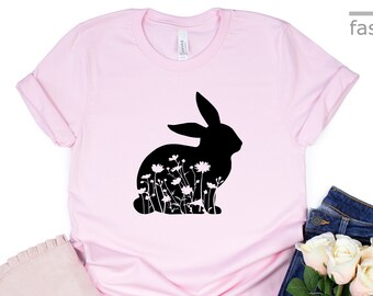 Camiseta de conejito con flores / Camiseta de conejito de Pascua / Camiseta para amantes de los animales / Camisetas de regalo / Camiseta de conejito lindo