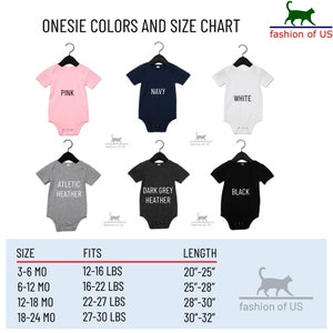 May include: Onesies colour and size chart with six different colours: pink, navy, white, athletic heather, dark grey heather, and black. The chart shows the size in months and the corresponding weight in pounds and length in inches.
