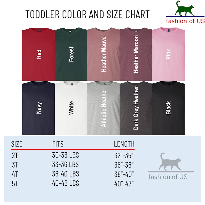 May include: Toddler size chart for t-shirts with colour options. Sizes 2T, 3T, 4T, and 5T with corresponding weight ranges and length measurements in inches. Colours include red, forest, heather mauve, heather maroon, pink, navy, white, athletic heather, dark grey heather, and black.