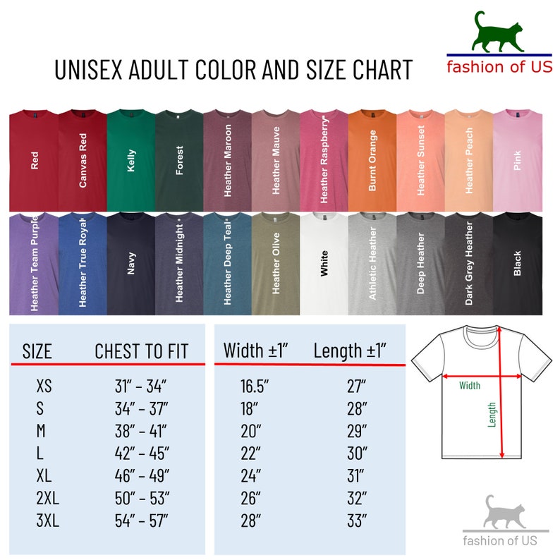 May include: Unisex adult t-shirt size chart with colour swatches and measurements in inches. The chart shows chest to fit, width, and length measurements for sizes XS to 3XL.