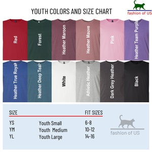 May include: Youth t-shirt colour chart with 10 different colours, including red, forest, white, heather maroon, heather mauve, pink, heather team purple, heather true royal, heather deep teal, and black. The chart also includes a size guide with youth sizes YS, YM, and YL, and corresponding fit sizes 6-8, 10-12, and 14-16.