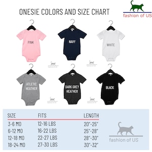 May include: Onesies in various colors and sizes, including pink, navy, white, athletic heather, dark grey heather, and black. A size chart shows the corresponding weight and length for each size: 3-6 months, 6-12 months, 12-18 months, and 18-24 months.