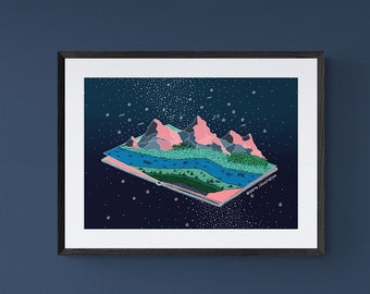 Mountain in the Universe Illustration Printable Art for Bohemian Home Decor, Spiritual Art Digital Download