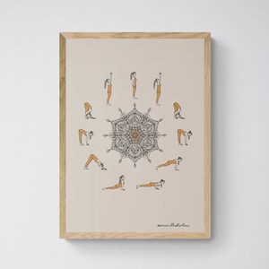 Peut inclure: Une impression encadrée d'une séquence de yoga avec un mandala au centre. L'impression est sur un mur blanc avec une chaise en osier et un globe terrestre sur une table d'appoint.