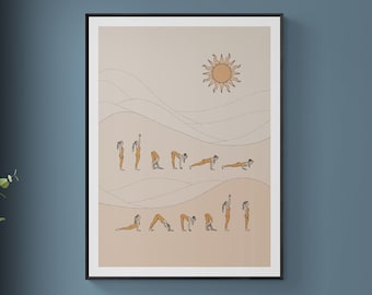 May include: A framed print of a yoga pose chart with a sun and waves in the background. The print is hanging on a blue wall in a room with a wooden floor, a couch, and a shelf with decorative items.