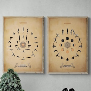 Sun & Moon Salutation Set of 2 Yoga sequence, INSTANT DOWNLOAD, Surya Namaskar, asana printable, Vintage Yoga studio, Yoga home decor