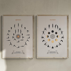 Sun & Moon Salutation Set of 2 Yoga beginners sequence, INSTANT DOWNLOAD, Surya Namaskar, asana printable, Yoga studio, Yoga home decor