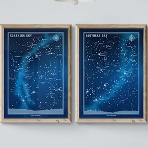 Astrologie Südliche Nordhalbkugel Sterne Karte druckbares 2er Set, SOFORT DOWNLOAD, Himmel Milchstraße, Home Decor, Geschenk für Freunde Familie